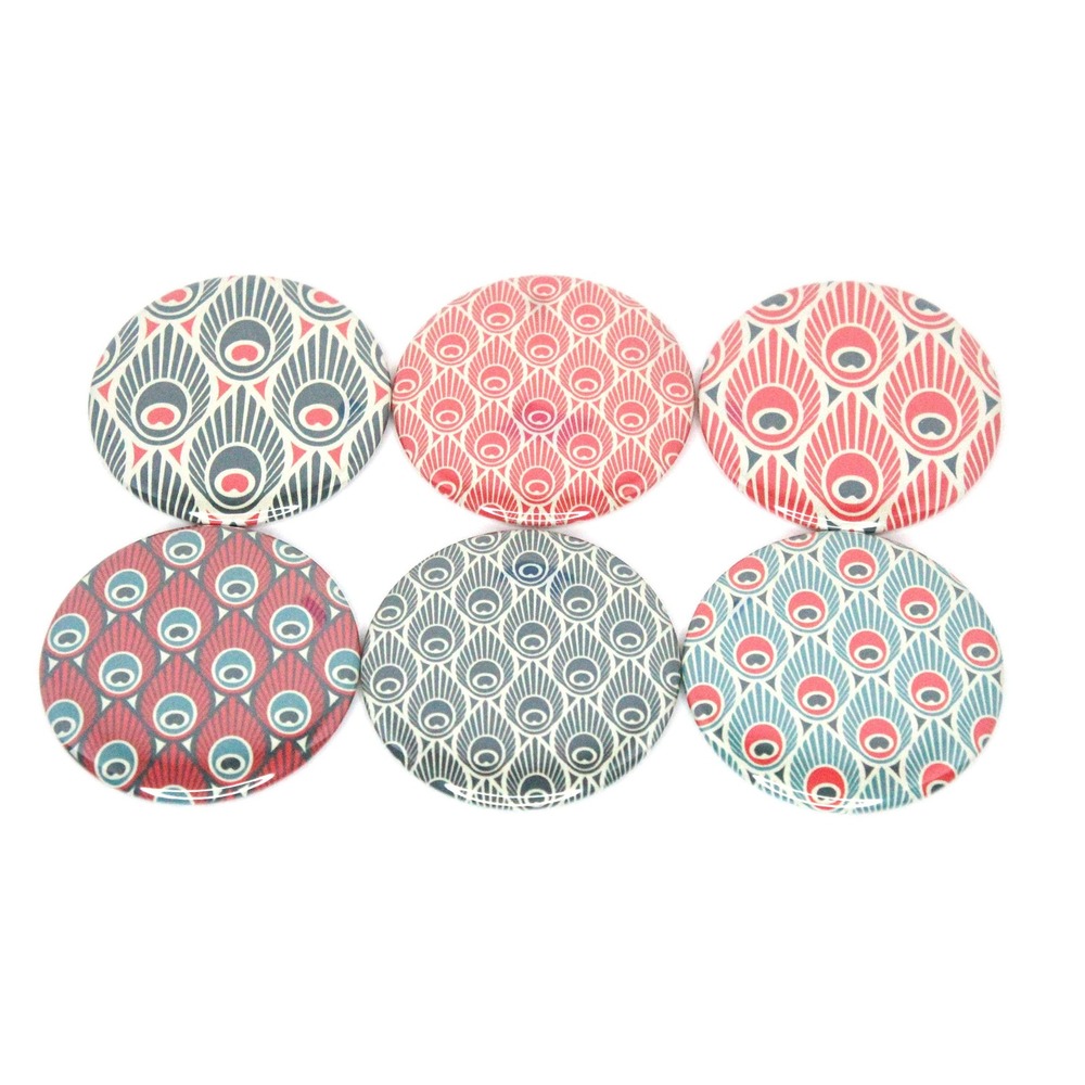 Set of 6 Refrigerator Locker Magnets 2.25" Handmade Boho Peacock Feathers Orange